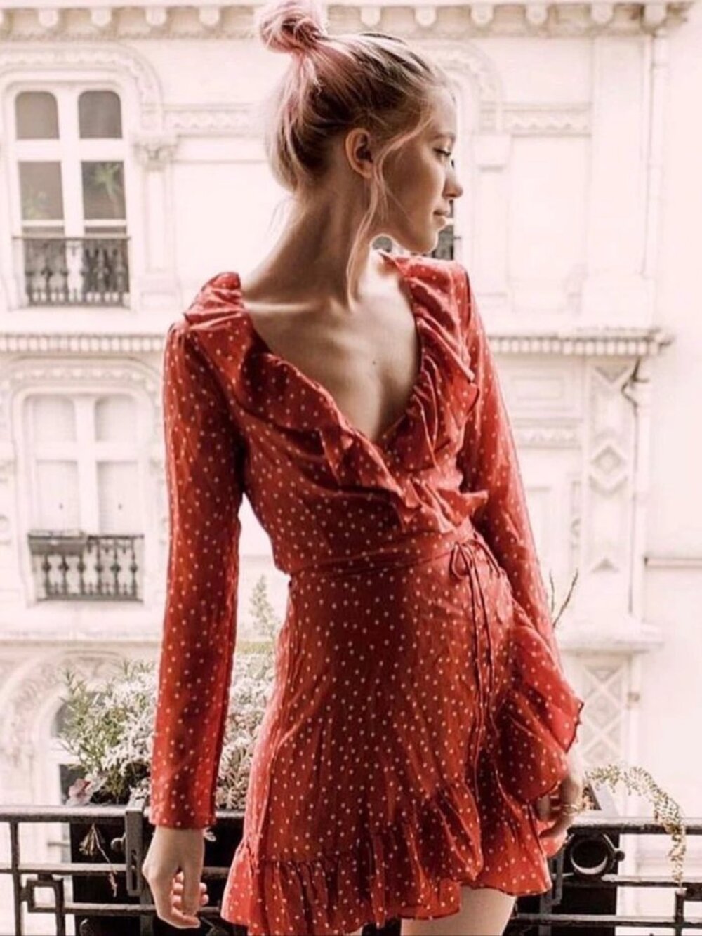 Realisation Par Alexandra Ruffled Silk Wrap Mini Dress Red Star Print